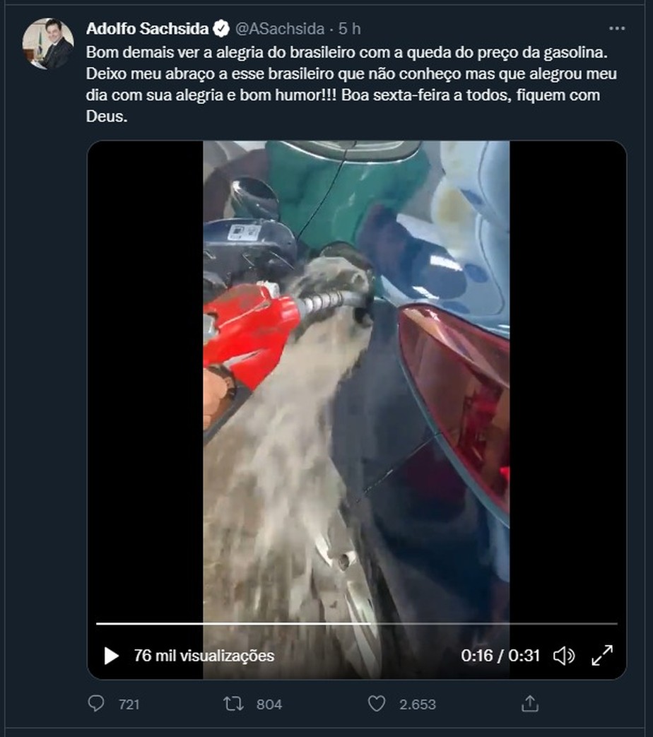 Ministro publica, e depois apaga, vídeo de homem derramando gasolina em posto