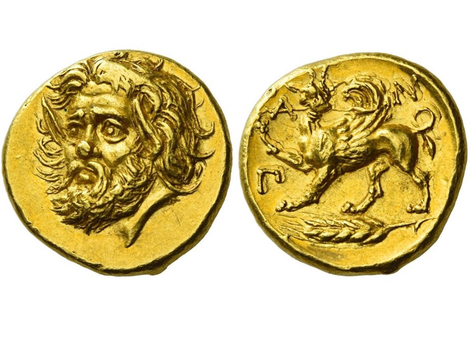 A moeda de Panticapaeum traz a imagem de um sátiro e de um grifo segurando uma lança