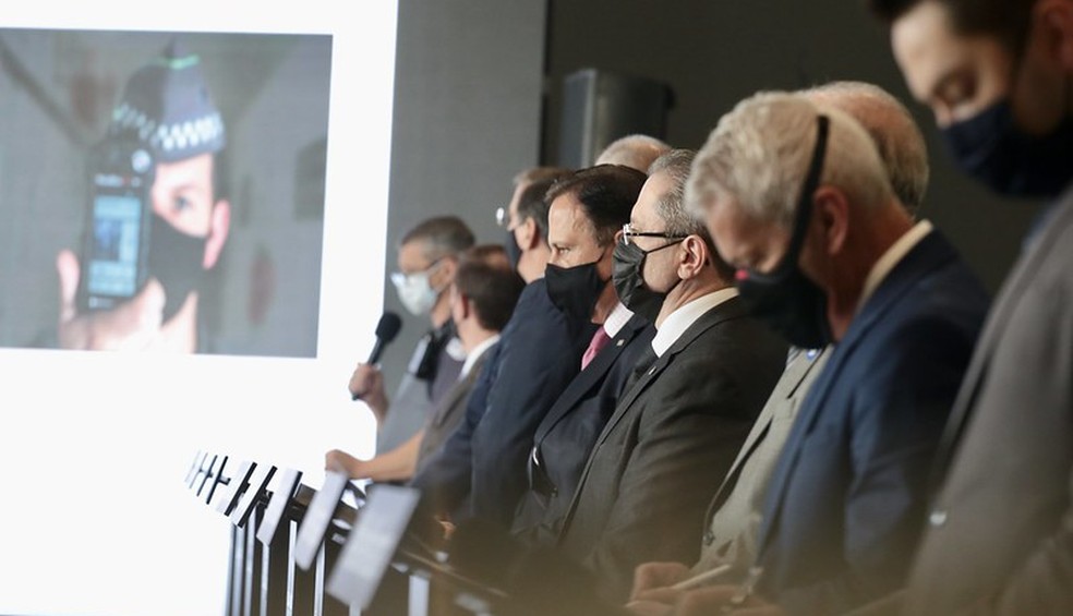 O governador de S&atilde;o Paulo, Jo&atilde;o Doria, durante coletiva de imprensa no Pal&aacute;cio dos Bandeirantes. Ele anunciou a compra de novas c&acirc;meras para os uniformes de policiais militares de SP. &mdash; Foto: Divulga&ccedil;&atilde;o/GESP