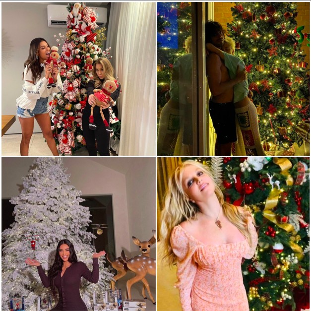 Enquanto Agatha Moreira e Rodrigo Simas e Britney Spears escolheram uma decoração natalina clássica, Pocah apostou em maximalismo e Kim Kardashian em minimalismo (Foto: Reprodução / Instagram)