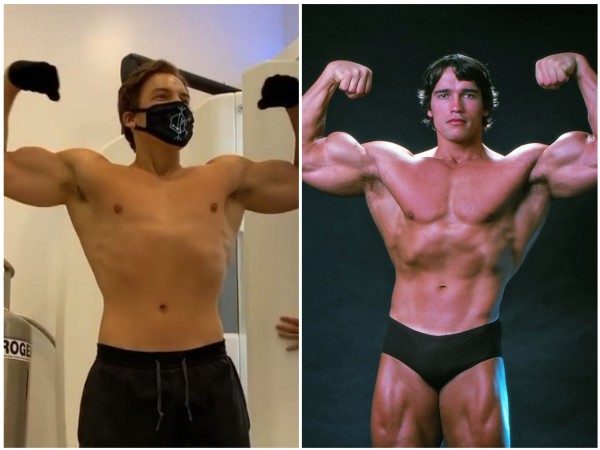 Joseph Baena em 2020 e Arnold Schwarzenegger em 1976 (Foto: Instagram / Getty Images)
