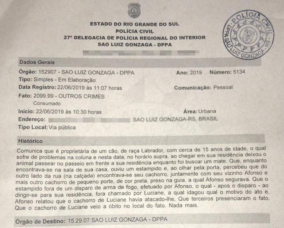 Dona do cachorro morto registrou ocorrência na delegacia de São Luiz Gonzaga — Foto: Arquivo Pessoal