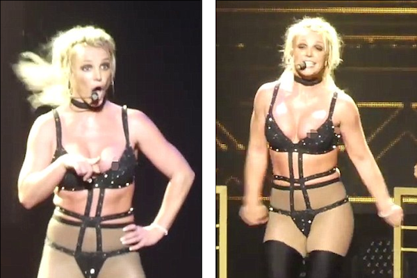 O acidente de Britney Spears com sua vestimenta durante um show nos EUA (Foto: Reprodução/YouTube)