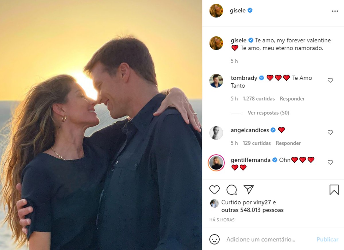 Gisele Bündchen posta no Dia dos Namorados e Tom Brady responde em português (Foto: Reprodução/Instagram)