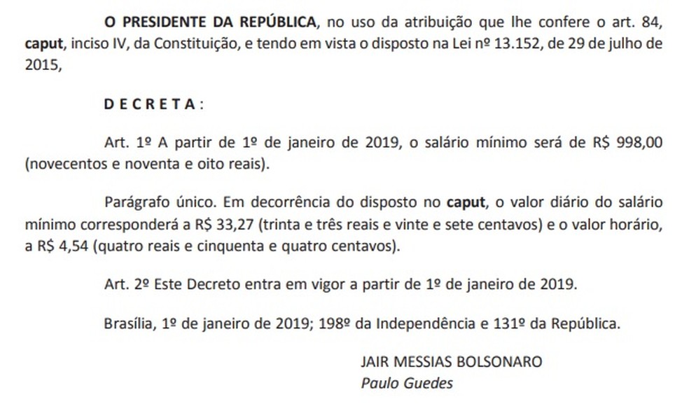 Decreto assinado pelo presidente Jair Bolsonaro — Foto: Reprodução/'Diário Oficial'