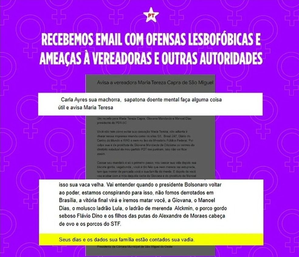 E-mail enviado para vereadora Carla Ayres — Foto: Reprodução/Rede Social