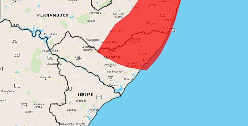 Chuvas podem superar 100 milimetros em 24 horas nessa área em vermelho, inmet — Foto: Inmet
