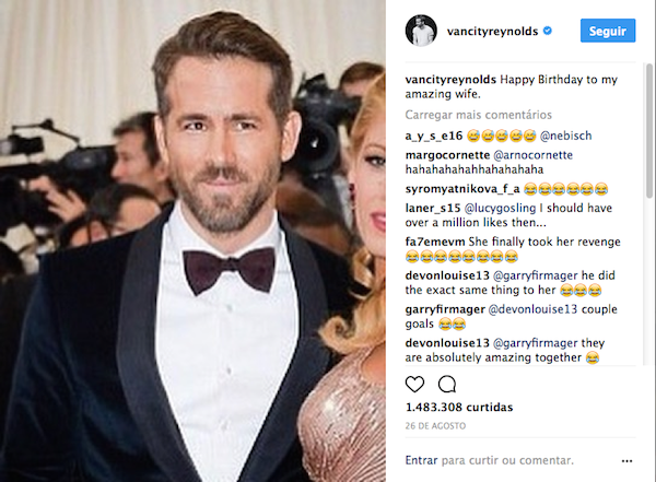 A piada feita por Ryan Reynolds no dia do aniversário de sua esposa, a atriz Blake Lively (Foto: Instagram)