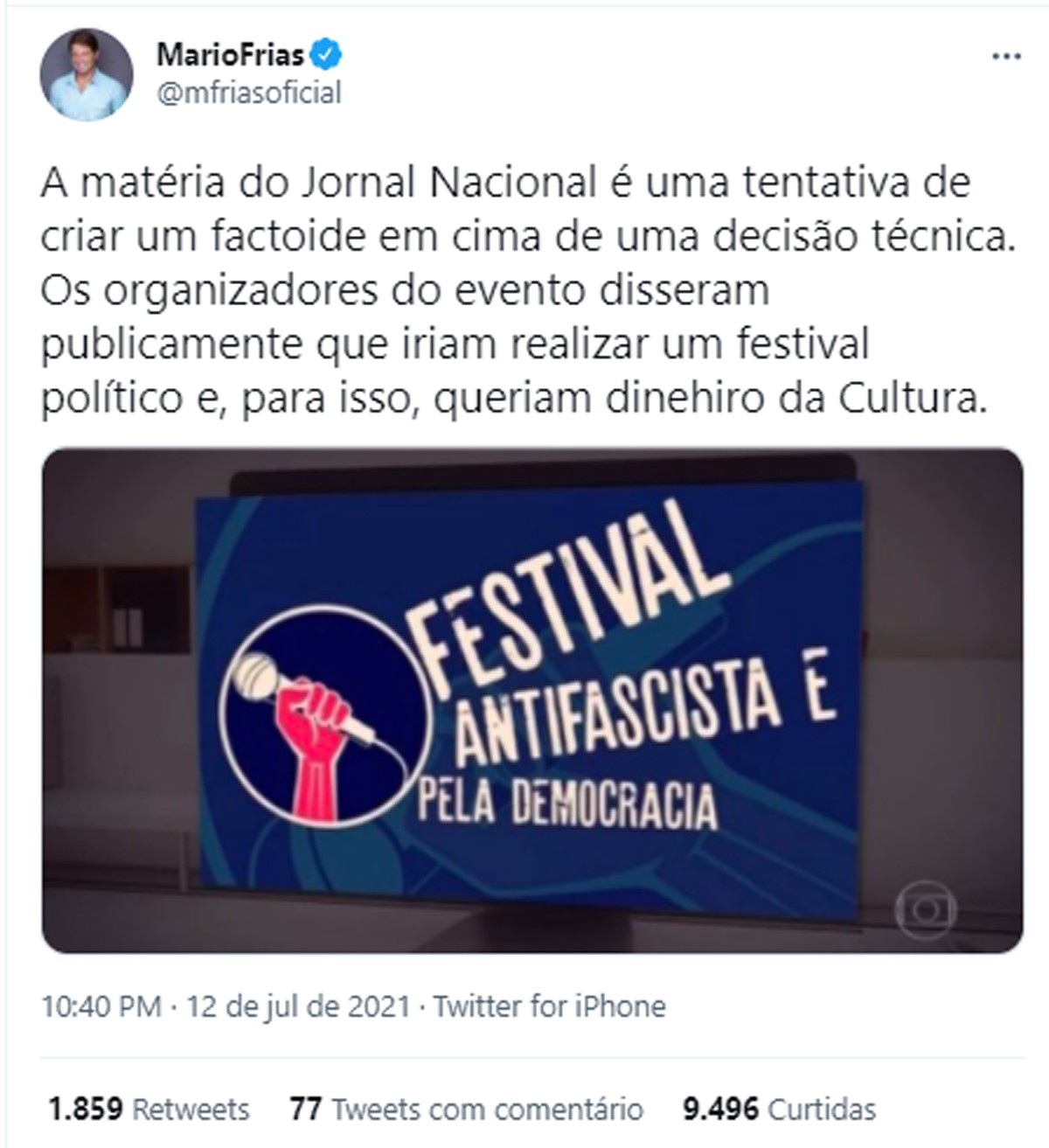 O Secretário Especial de Cultura Mario Frias se manifesta sobre reprovação do Festival de Jazz do Capão (Foto: Reprodução/Twitter)
