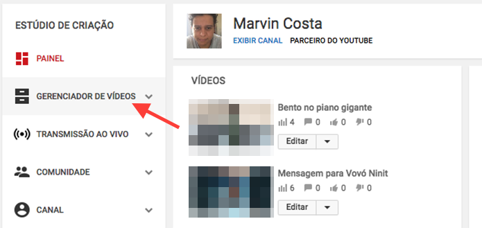 Opção para acessar o gerenciador de vídeos em um canal do YouTube (Foto: Reprodução/Marvin Costa)