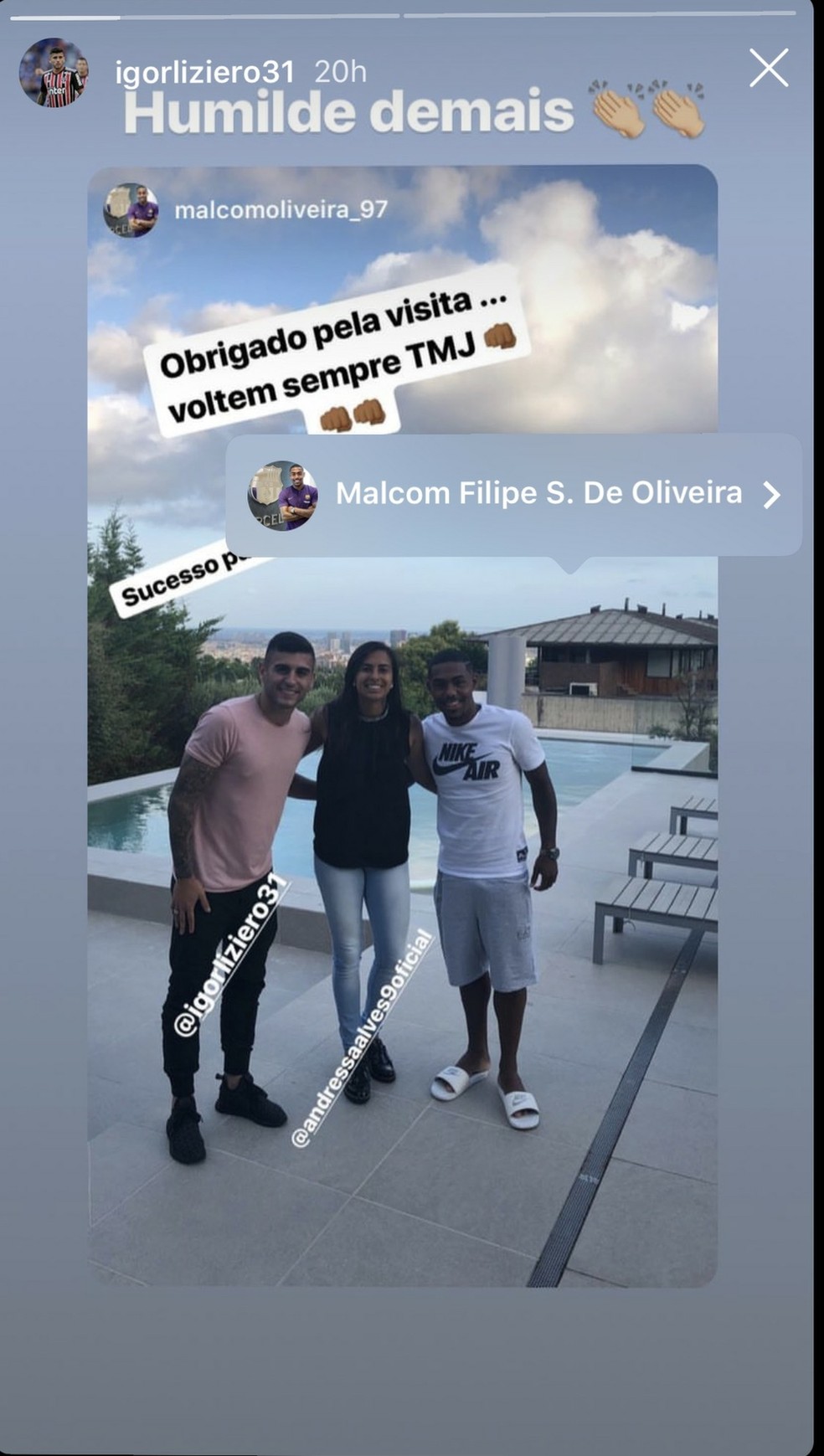 Liziero, do São Paulo, visita Malcom em Barcelona (Foto: Reprodução/Instagram)