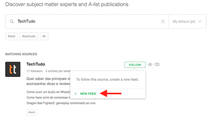 Crie um novo tipo de feed no agregador Feedly (Foto: Reprodução/Marvin Costa) Crie um novo tipo de feed no agregador Feedly (Foto: Reprodução/Marvin Costa)