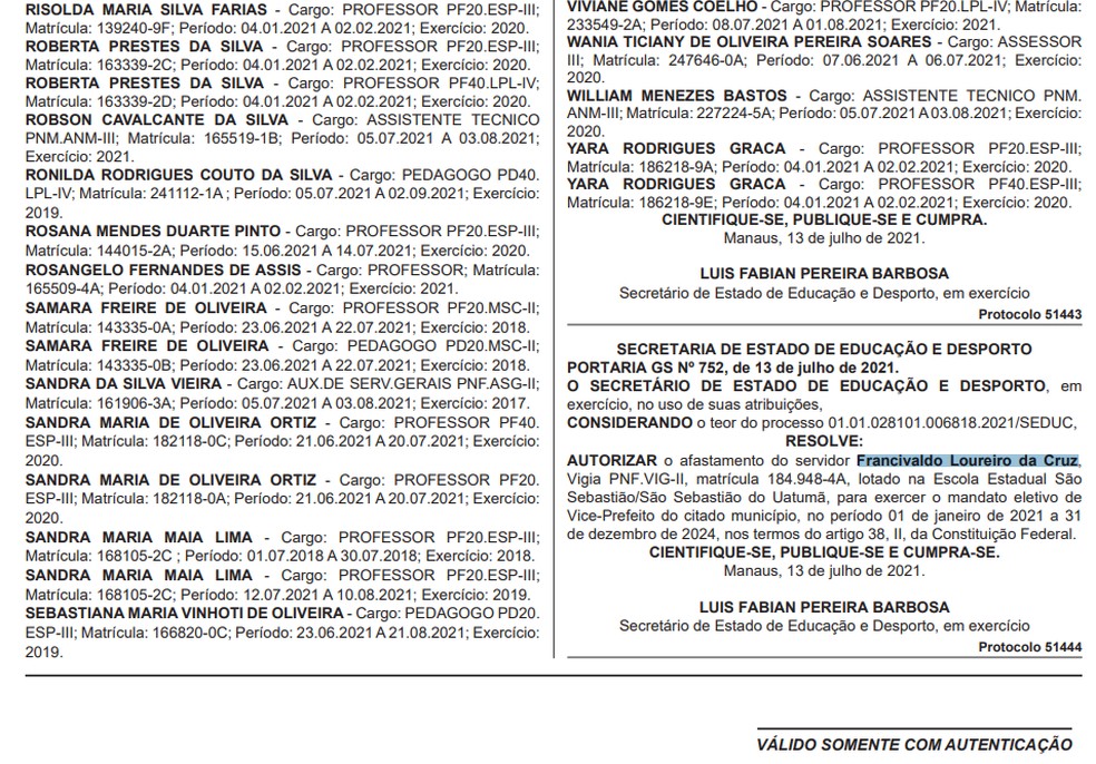 Diário Oficial do dia 13 de julho traz a autorização de afastamento do então servidor.  — Foto: Reprodução 