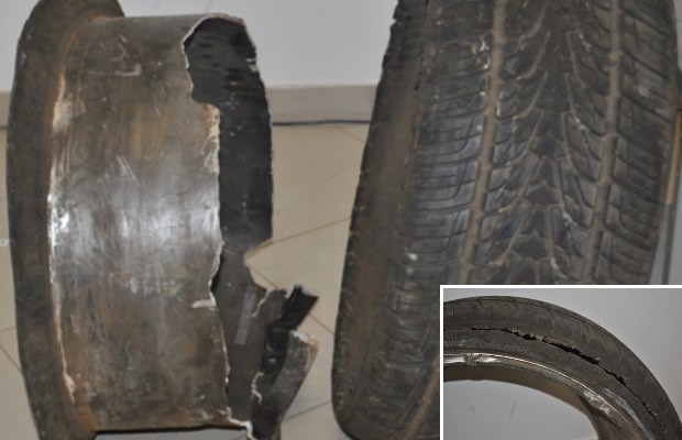 Roda e pneu, que foi cortado, do carro de Cristiano Araújo, em Goiás (Foto: Divulgação/ IC)