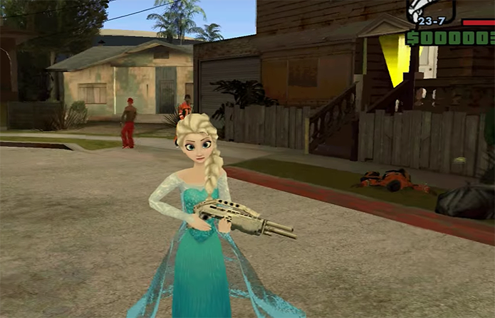 Jogos da série GTA colocam personagens da Disney em cenários violentos (Foto: Reprodução/YouTube)