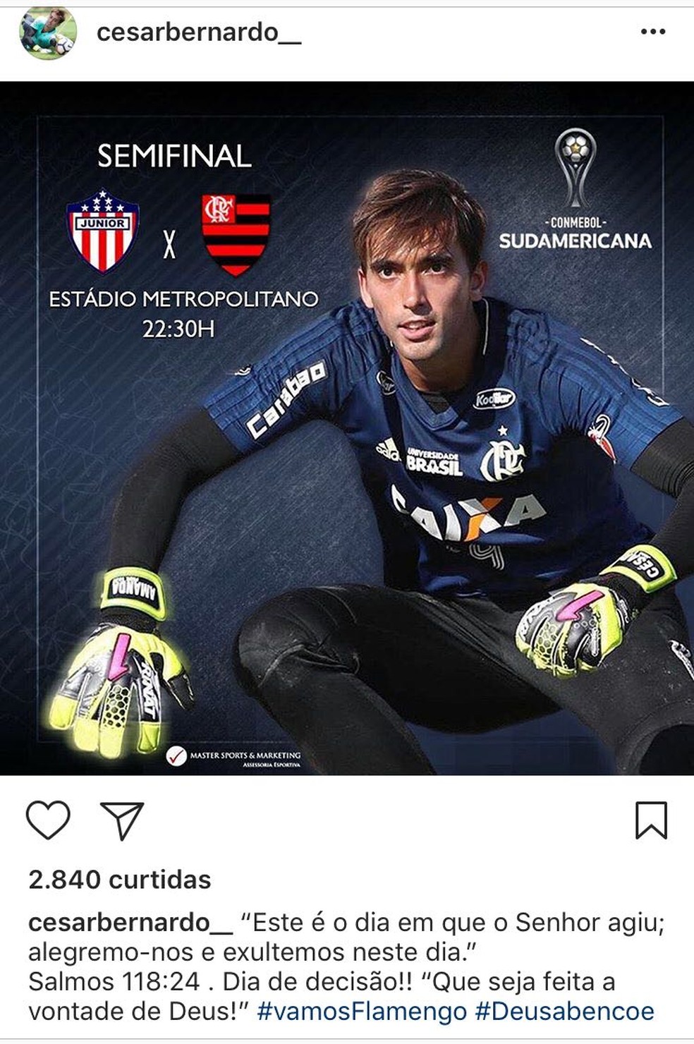 César postou mensagem em rede social horas antes do jogo (Foto: Reprodução)