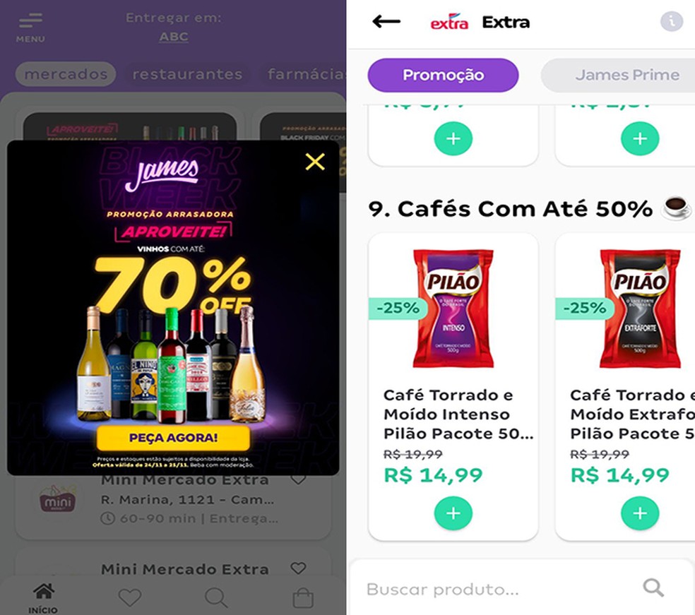 Compre itens com até 80% off pelo delivery James — Foto: Reprodução/Flávia Fernandes