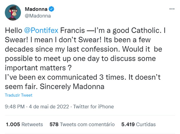 Madonna pede encontro com Papa Francisco (Foto: Reprodução/Twitter)