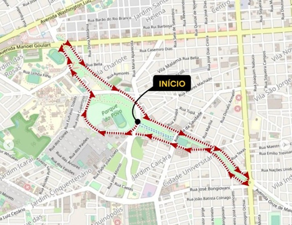 Mapa mostra trajeto da corrida de rua realizada neste domingo (25) em Presidente Prudente (SP) — Foto: Cedida/Semob