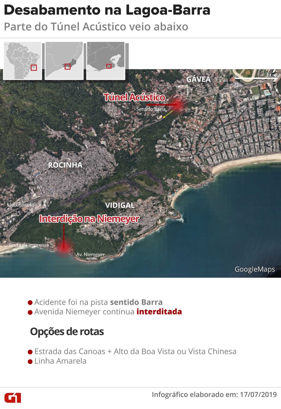 Mapa mostra as interdições nas vias que ligam a Barra à Zona Sul — Foto: Infografia: Wagner Magalhães/G1