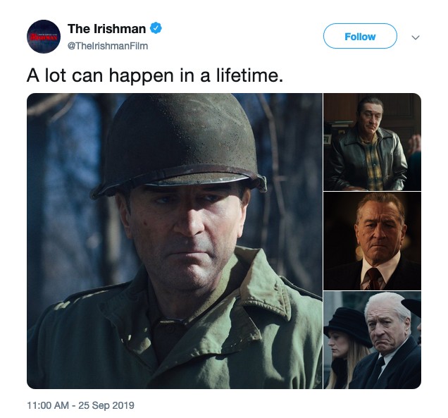 O ator Robert De Niro em diferentes cenas de O Irlandês (Foto: Twitter)