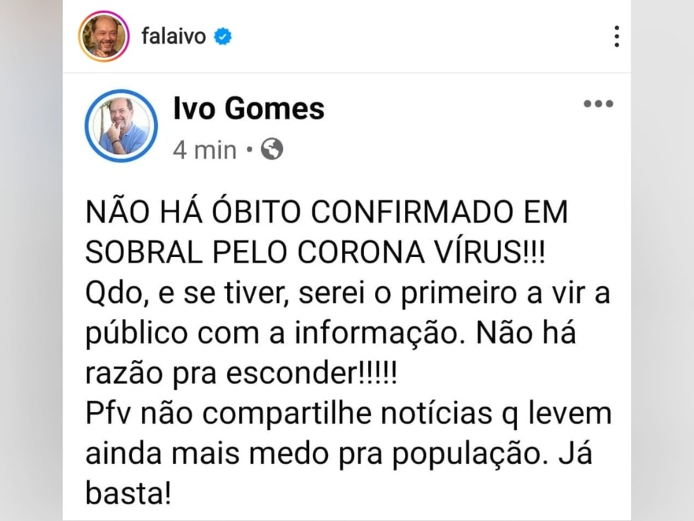 Ivo Gomes, prefeito de Sobral, desmentiu fake news divulgada por Wellington Macedo sobre primeiro óbito por Covid na cidade. — Foto: Reprodução