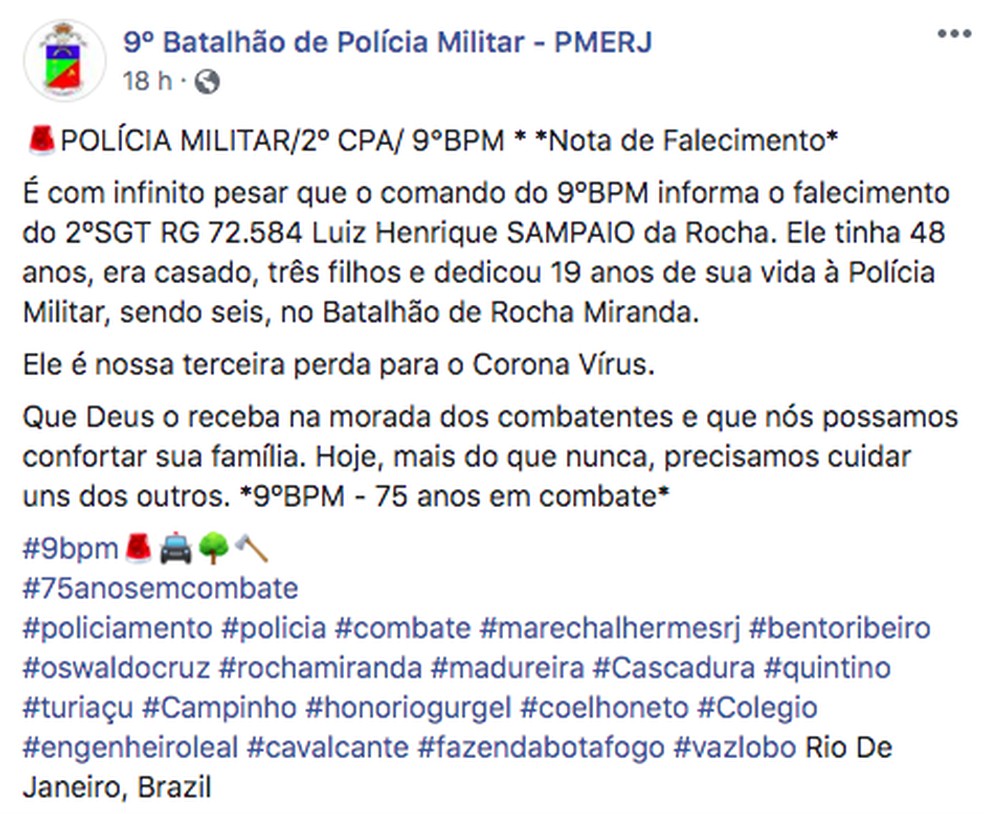 Em nota, o 9º BPM lamentou a morte do policial Luiz Henrique Sampaio — Foto: Facebook