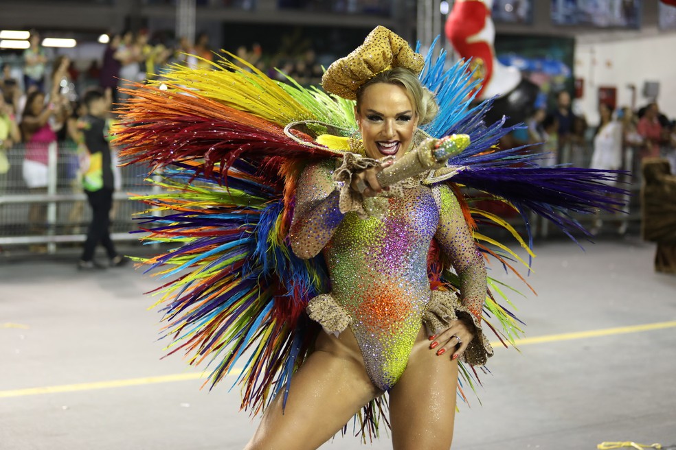 Francine Carvalho, destaque de chão da Tom Maior com fantasia 'as cores de Debret' (Foto: Marcelo Brandt/G1)