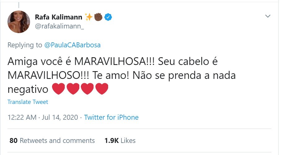 Rafa Kalimann dá o seu apoio a Paula Amorim (Foto: Reprodução/Twitter)