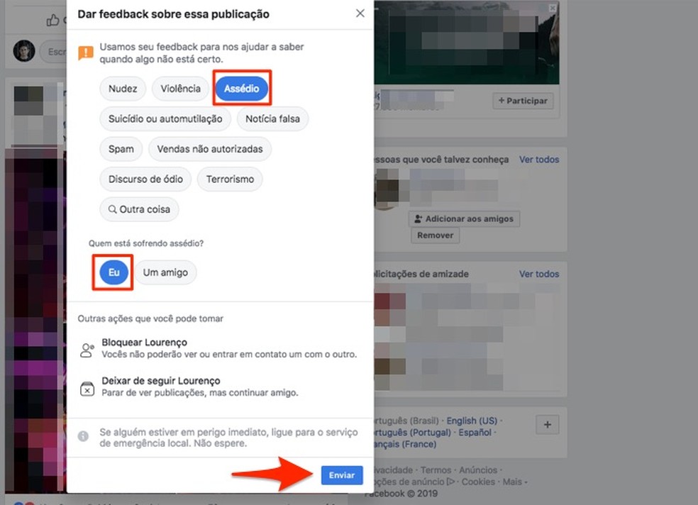 Ação para denunciar atos de assédio em posts do Facebook — Foto: Reprodução/Marvin Costa