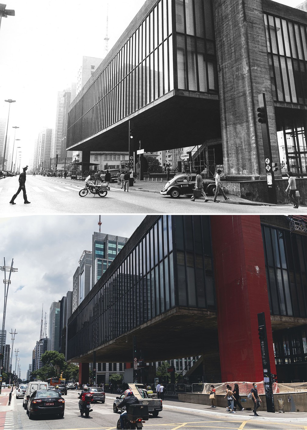 Combinação de fotos mostra o Museu de Arte de São Paulo (MASP), na Avenida Paulista, em 1980 e em 2021 — Foto: Sidney Corrallo/Estadão Conteúdo; Marcelo Brandt/g1