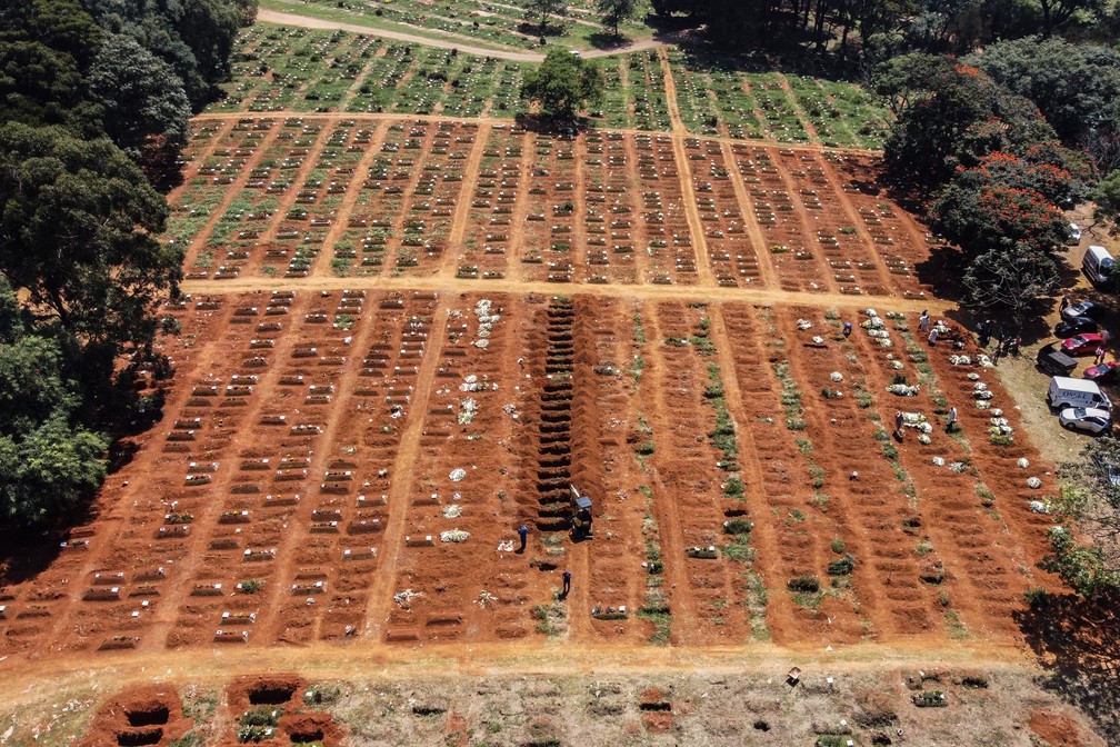 Imagem aérea da movimentação de sepultamentos de vitimas decorrentes da Covid-19 no cemitério de Vila Formosa, zona leste da cidade de São Paulo, na manhã de sexta-feira (26). — Foto: MARCELLO ZAMBRANA/ESTADÃO CONTEÚDO