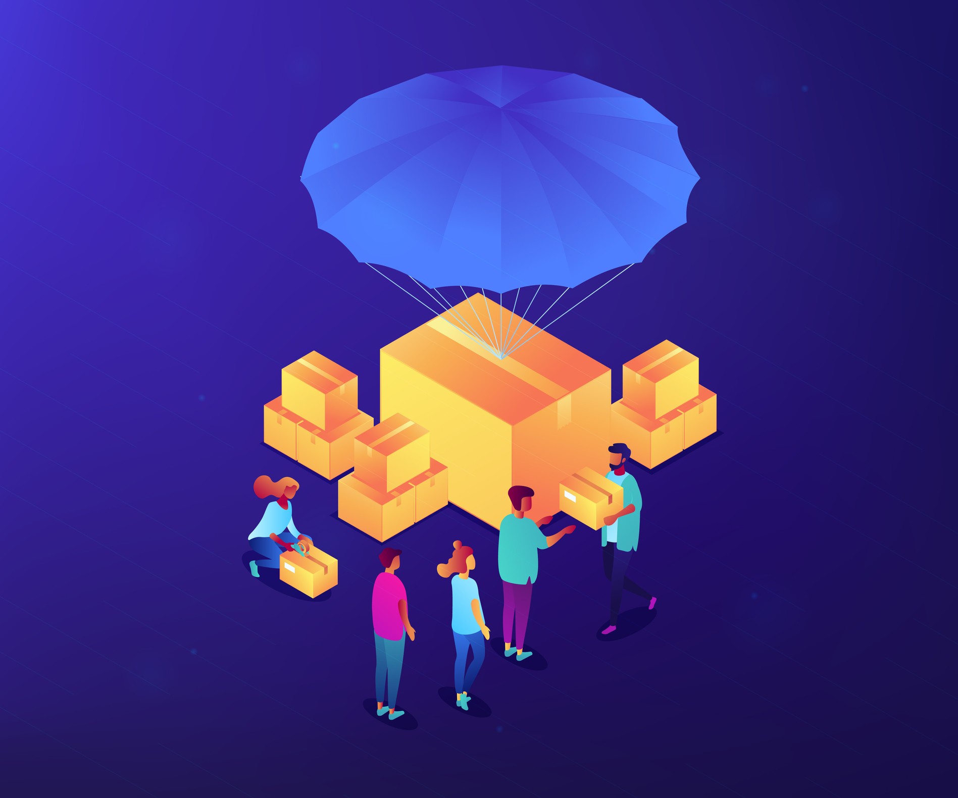 Volunteers giving humanitarian aid boxes delivered with parachute to refuges. Humanitarian aid, material assistance, governmental help concept. Ultraviolet neon vector isometric 3D illustration. (Foto: Getty Images/iStockphoto)