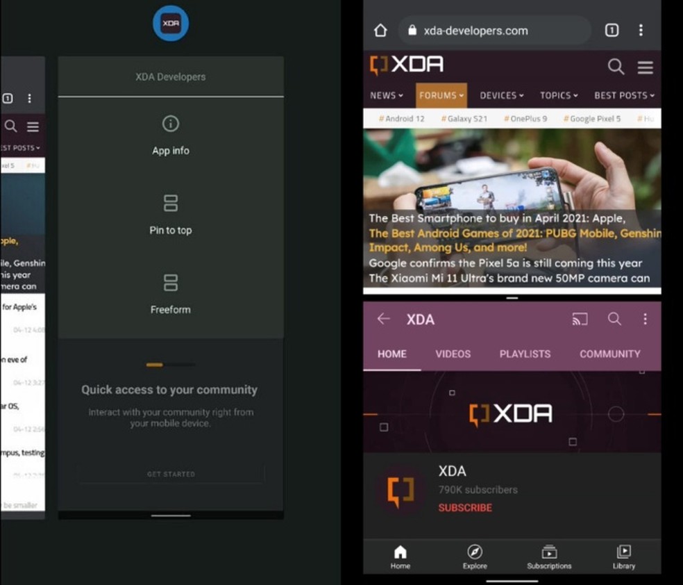A nova divisão do display no App Pars presente no Android 12 — Foto: Reprodução/XDA Developer