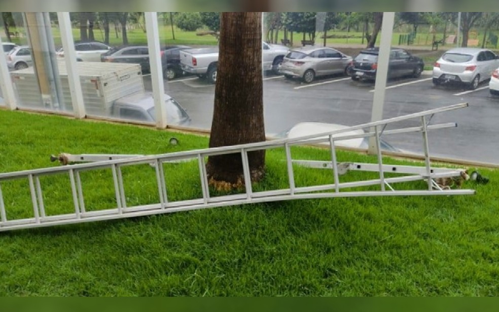 Escada em que trabalhador estava quando morreu — Foto: Reprodução/TV Anhanguera