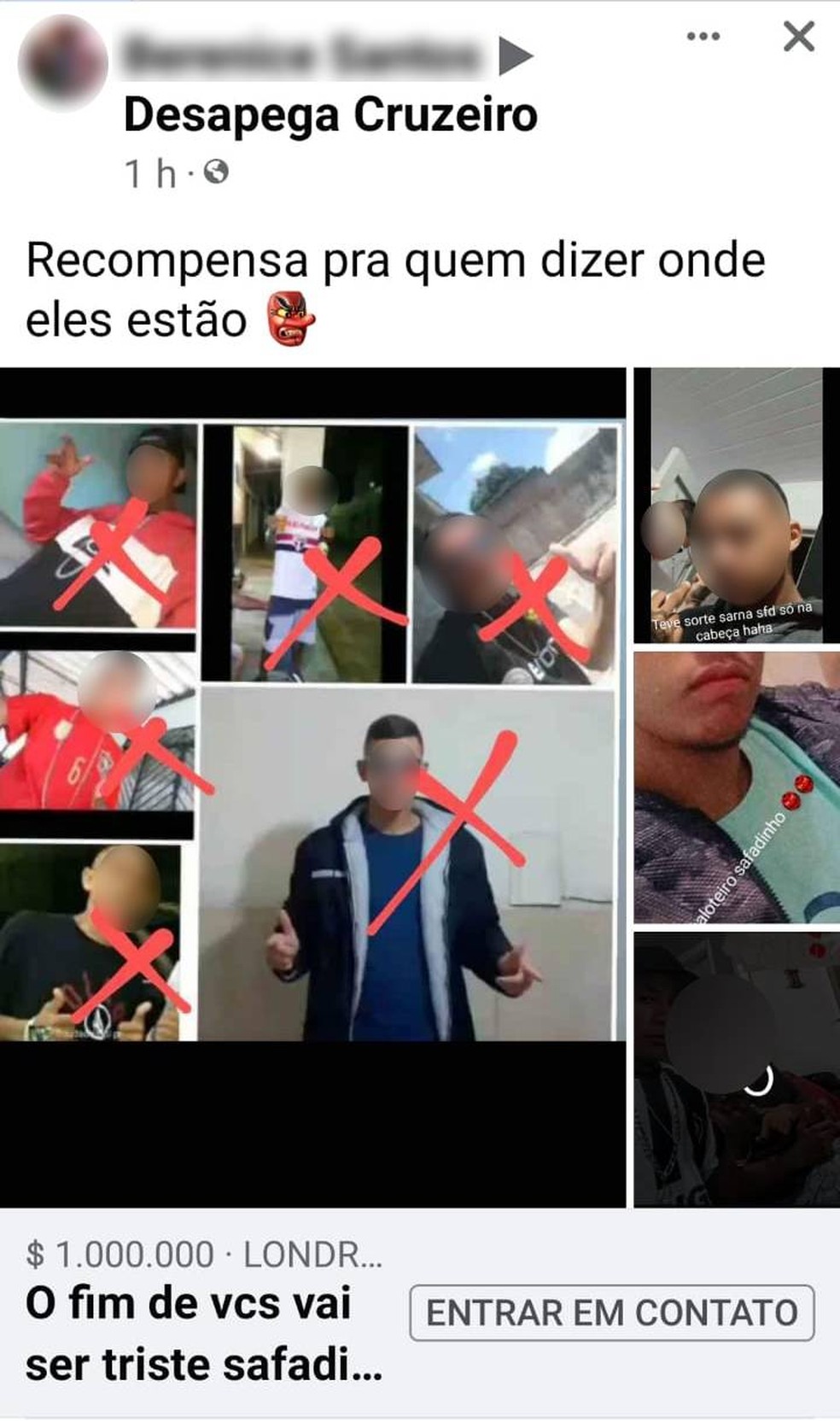 Criminosos publicam fotos de vítimas e oferecem recompensa por informações na rede social — Foto: Divulgação/Polícia Civil