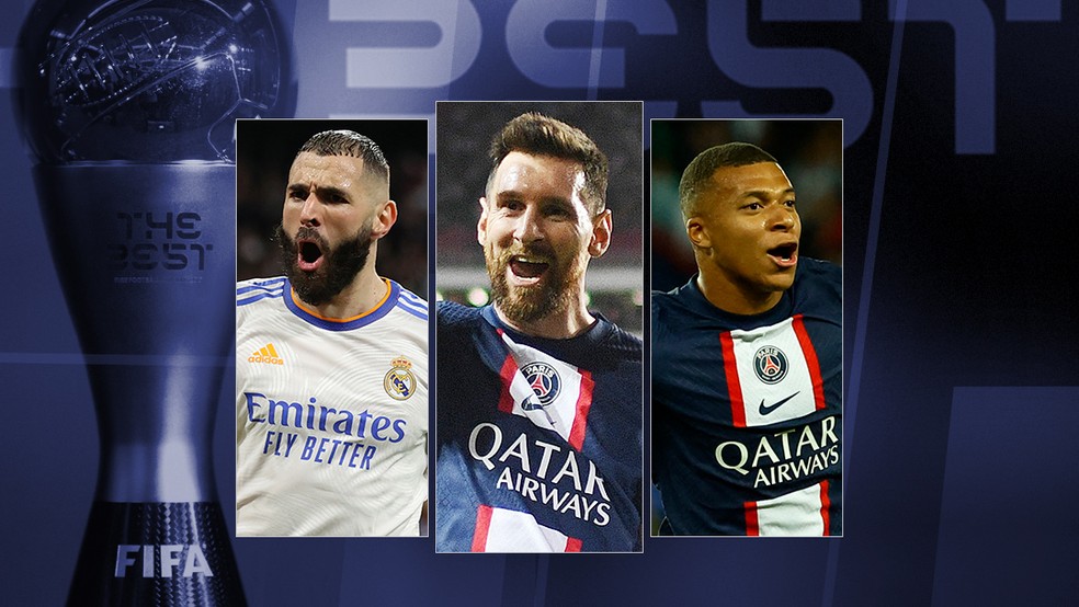 Carrossel - candidatos The Best Benzema, Messi, Mbappé — Foto: Editoria de arte