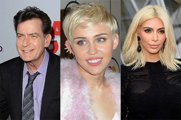 Charlie Sheen, Miley Cyrus e Kim Kardashian (Foto: Getty Images)