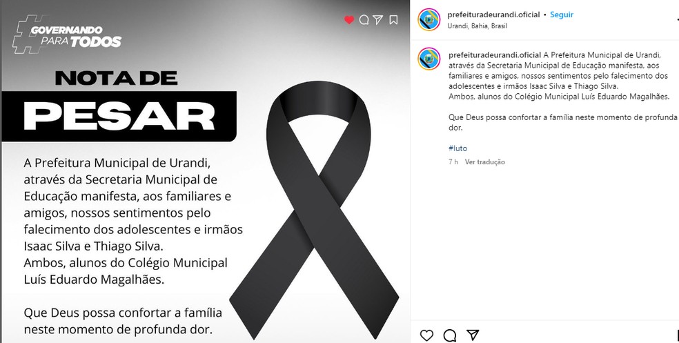 Prefeitura de Urandi emitiu nota de pesar sobre as mortes de dois irmão na cidade — Foto: Reprodução/Redes Sociais