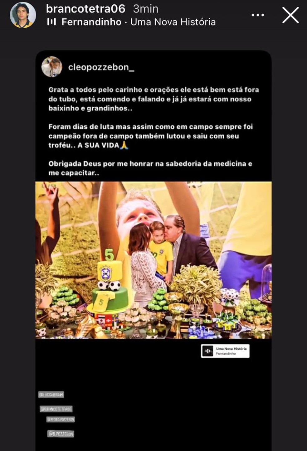 Branco apresenta melhora, segundo informações divulgadas pela família — Foto: Reprodução Instagram