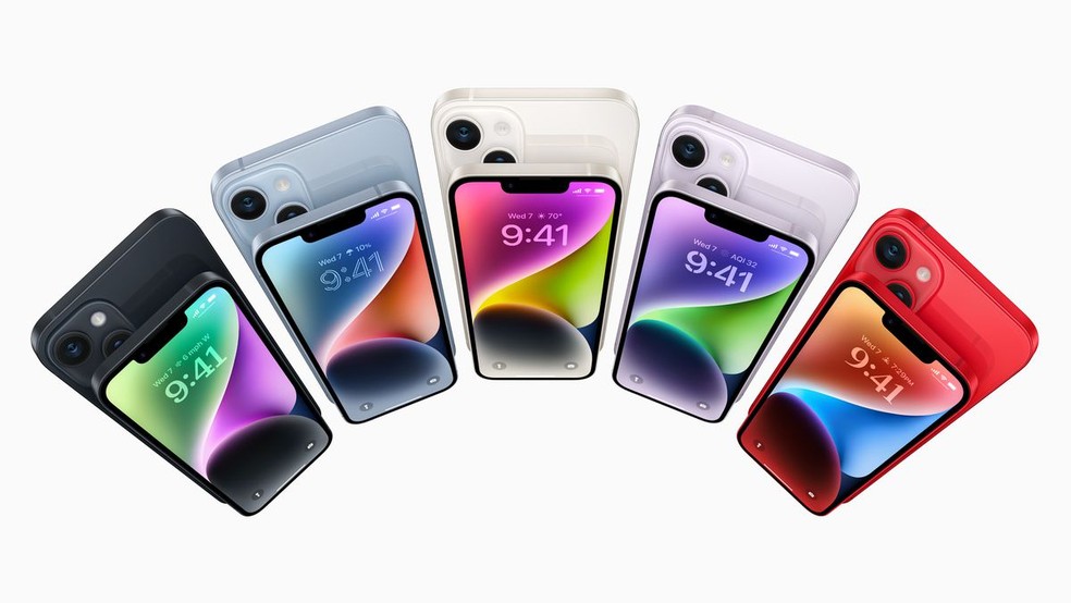 iPhone 14 traz cinco opções de cores  — Foto: Divulgação/Apple