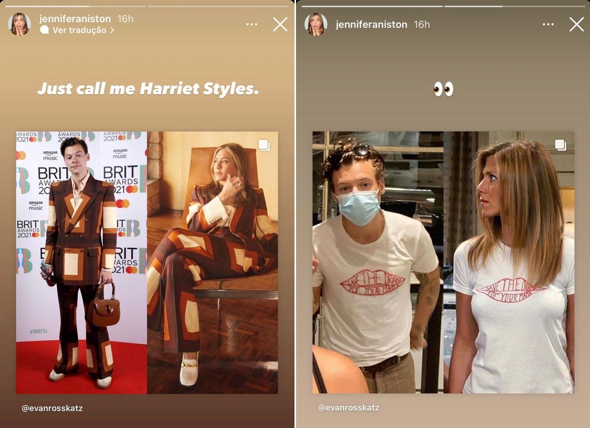 Jennifer Aniston brinca com Harry Styles (Foto: Reprodução / Instagram)
