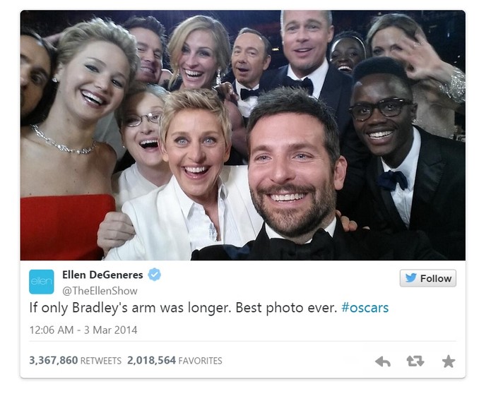 Ellen DeGeneres é destaque na retrospectiva 2014 do Twitter com "Golden Tweet" (Foto: Reprodução/Twitter)