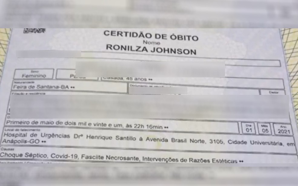 Certidão de Óbito de Ronilza Johnson — Foto: Reprodução/TV Anhanguera