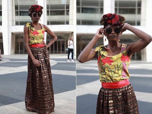 Uhura Moor, modelo: “Primeiro escolhi o que queria que fizesse parte do look: a saia. Terminei a combinação escolhendo uma blusa com tons parecidos”, explica. A saia é Poor Kouture. (Foto: Tiago Chediak)