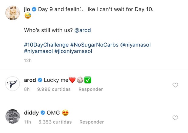 Diddy e A.Rod comentam na foto de JLo (Foto: Reprodução/Instagram)