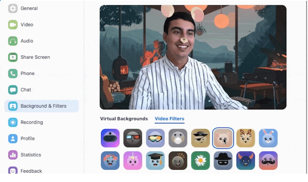 Zoom permite escolher filtros de animais para usar durante vídeochamadas. — Foto: Reprodução / Zoom