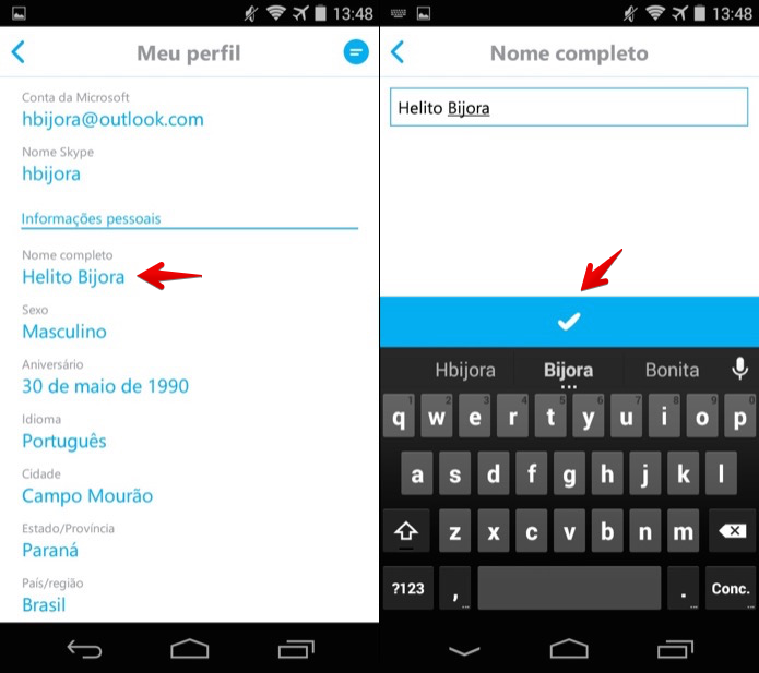 Alterando nome pelo Skype para Android (Foto: Reprodu??o/Helito Bijora) 