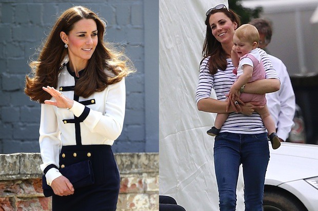 Left to right: the Duchess of Cambridge in a formal Alexander McQueen outfit earlier this month; and wearing jeans in a more relaxed style to watch Prince William play in a charity polo match (Foto: Getty)