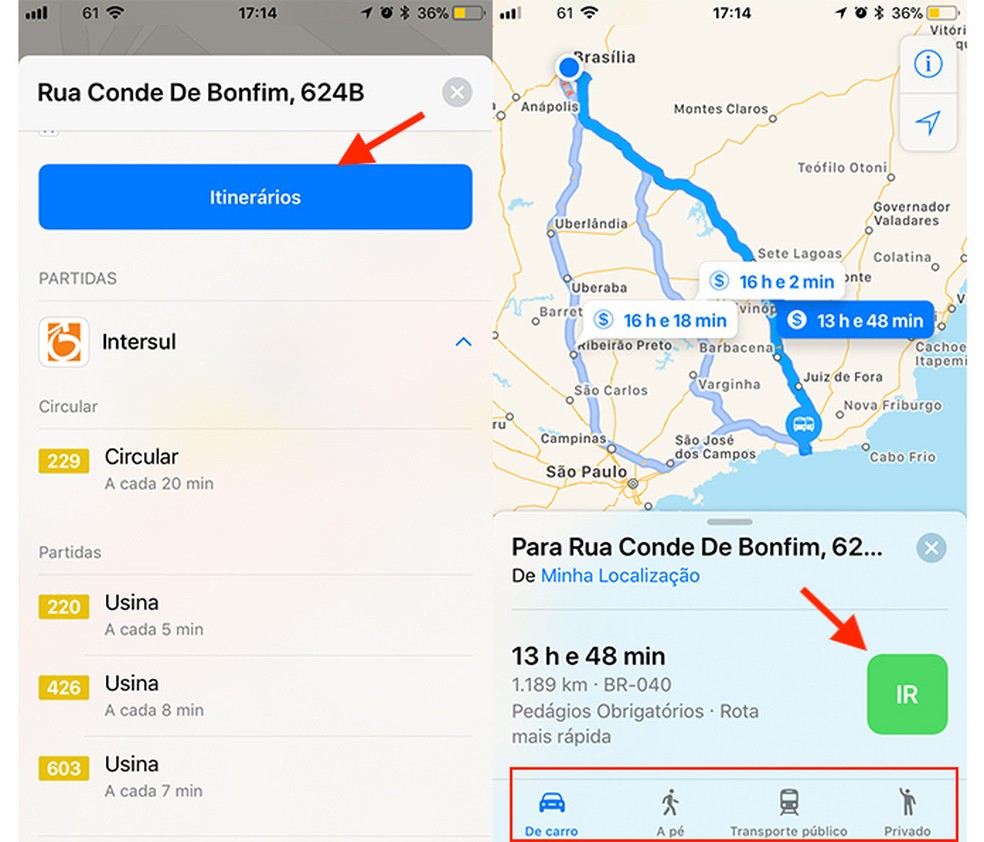 Informações sobre um ponto e itinerários para chegar até o local usando o Apple Maps (Foto: Reprodução/Marvin Costa)